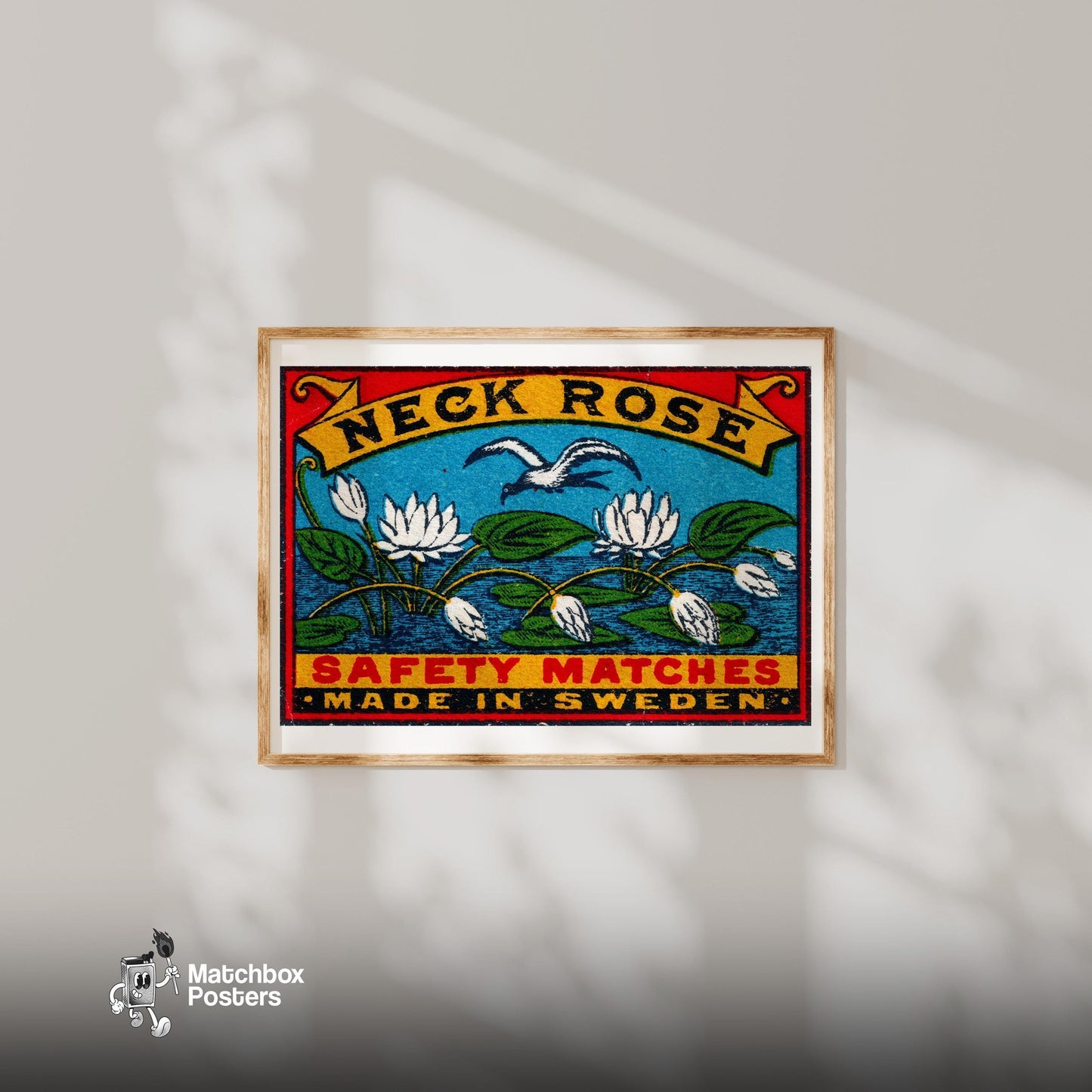 White Lotus Flowers - vintage matchbox label print - bedroom mockup