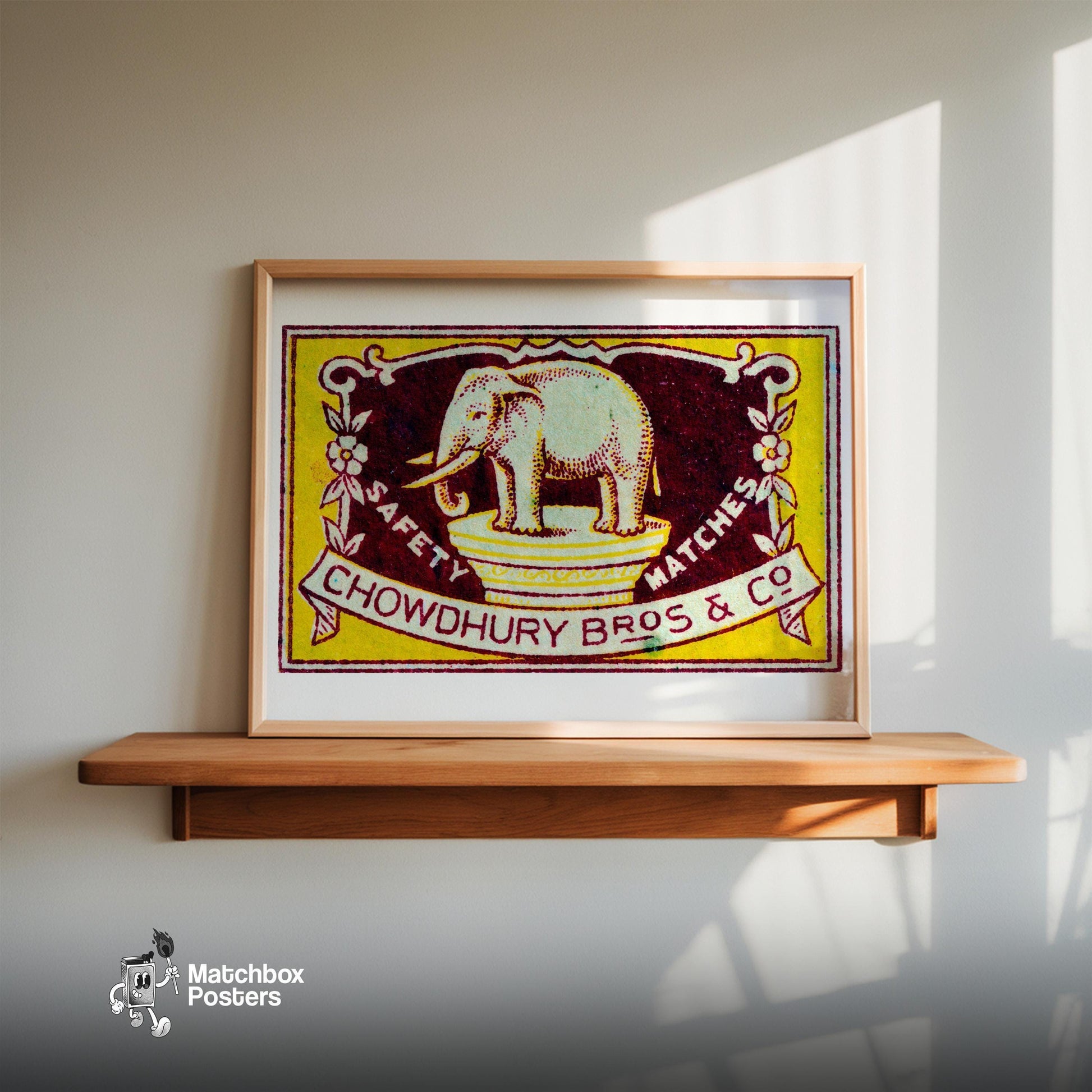 Yellow Elephant - vintage matchbox label print - size comparison