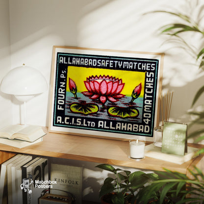Pink Lotus Flower - vintage matchbox label print - office wall