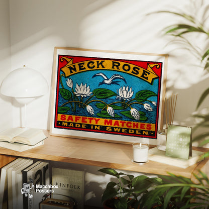 White Lotus Flowers - vintage matchbox label print - office wall