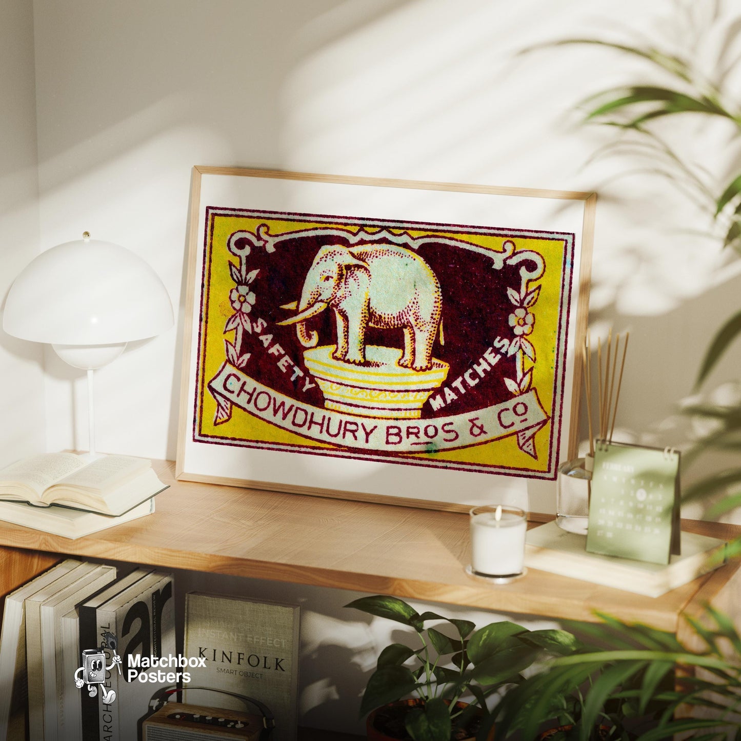 Yellow Elephant - vintage matchbox label print - office wall
