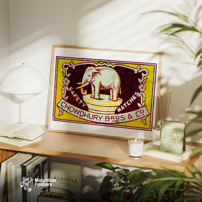 Yellow Elephant - vintage matchbox label print - office wall