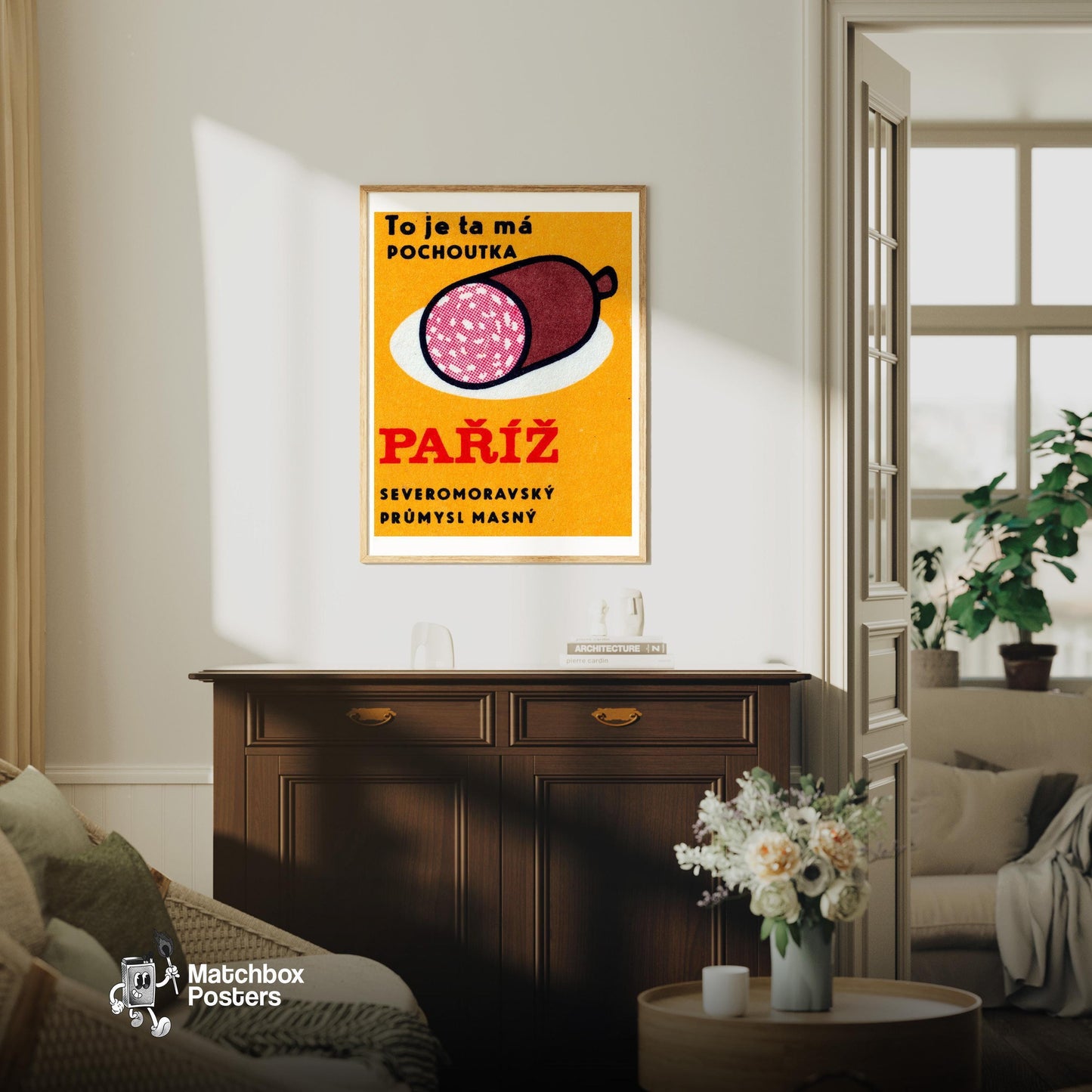 Big Sausage Yellow - vintage matchbox label print - living room mockup