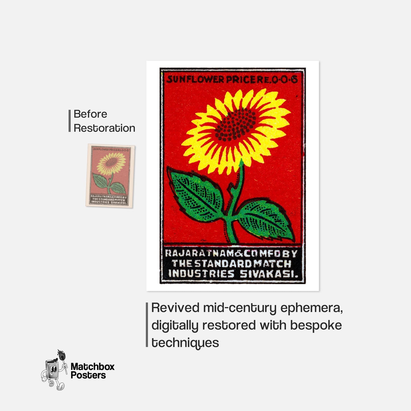 Yellow Sunflower - vintage matchbox label print - framed wall art preview