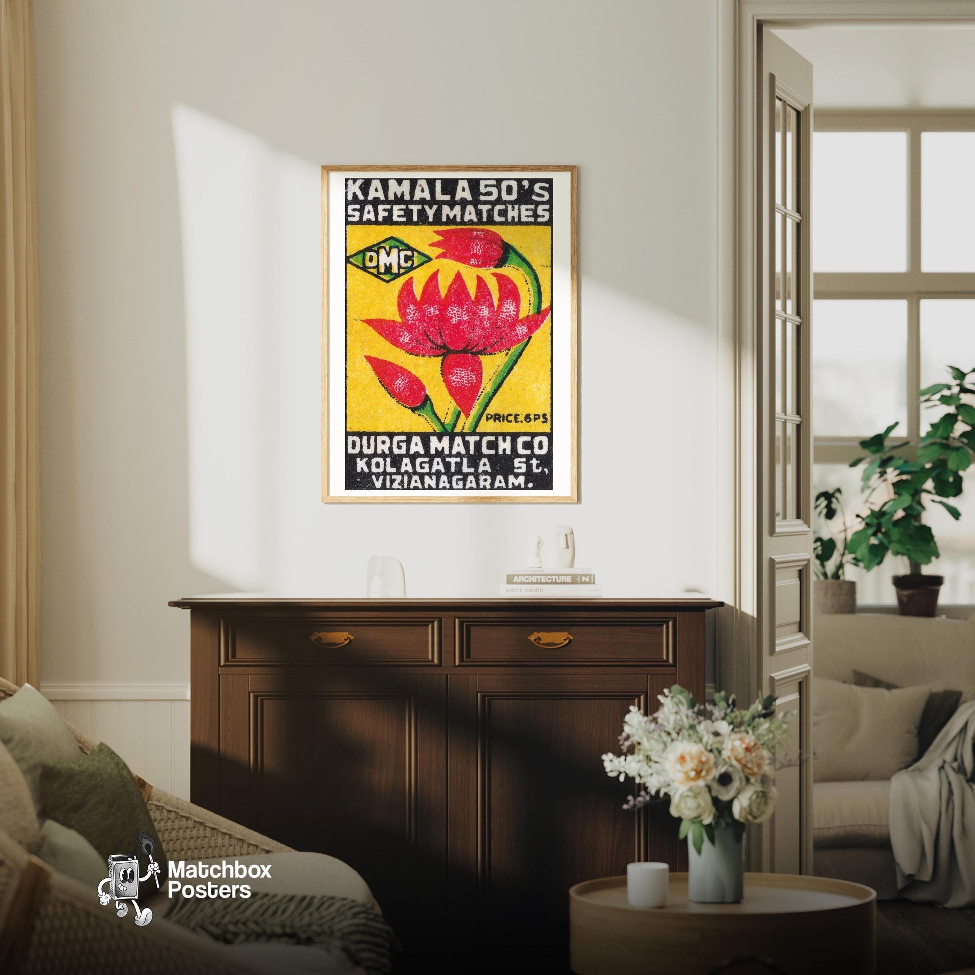 Red Lotus Flower - vintage matchbox label print - living room mockup