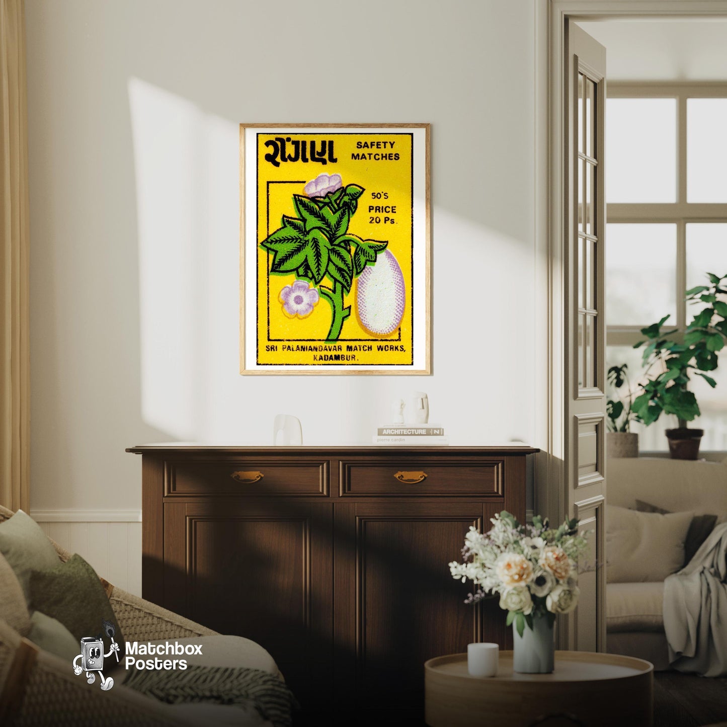Purple Flower and Eggplant - vintage matchbox label print - living room mockup