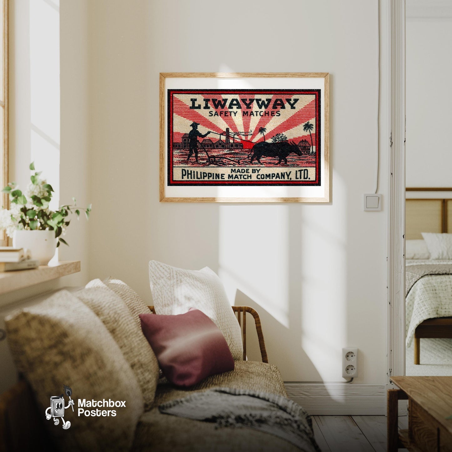 Farmer and Carabao - vintage matchbox label print - living room mockup