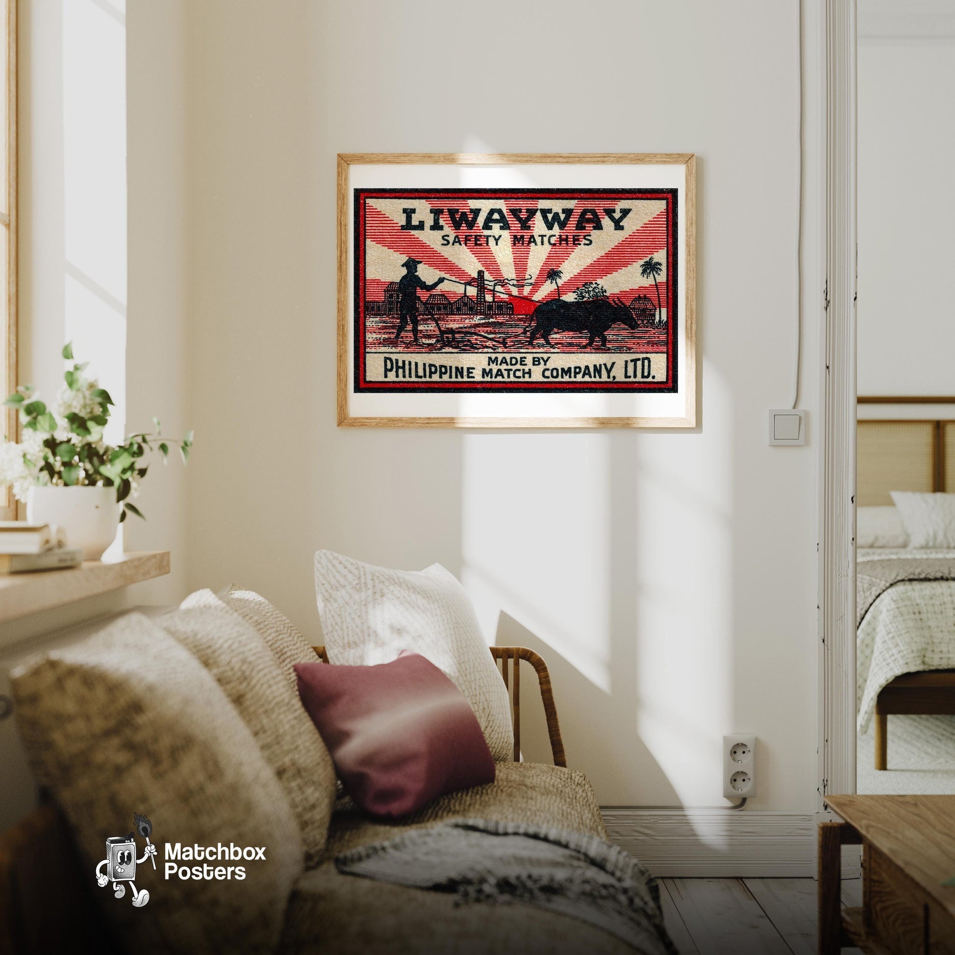 Farmer and Carabao - vintage matchbox label print - living room mockup