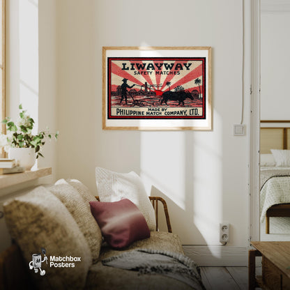 Farmer and Carabao - vintage matchbox label print - living room mockup