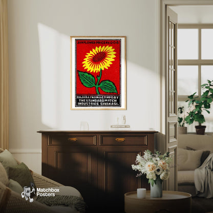 Yellow Sunflower - vintage matchbox label print - living room mockup