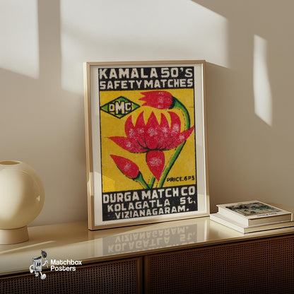 Red Lotus Flower - vintage matchbox label print - size comparison