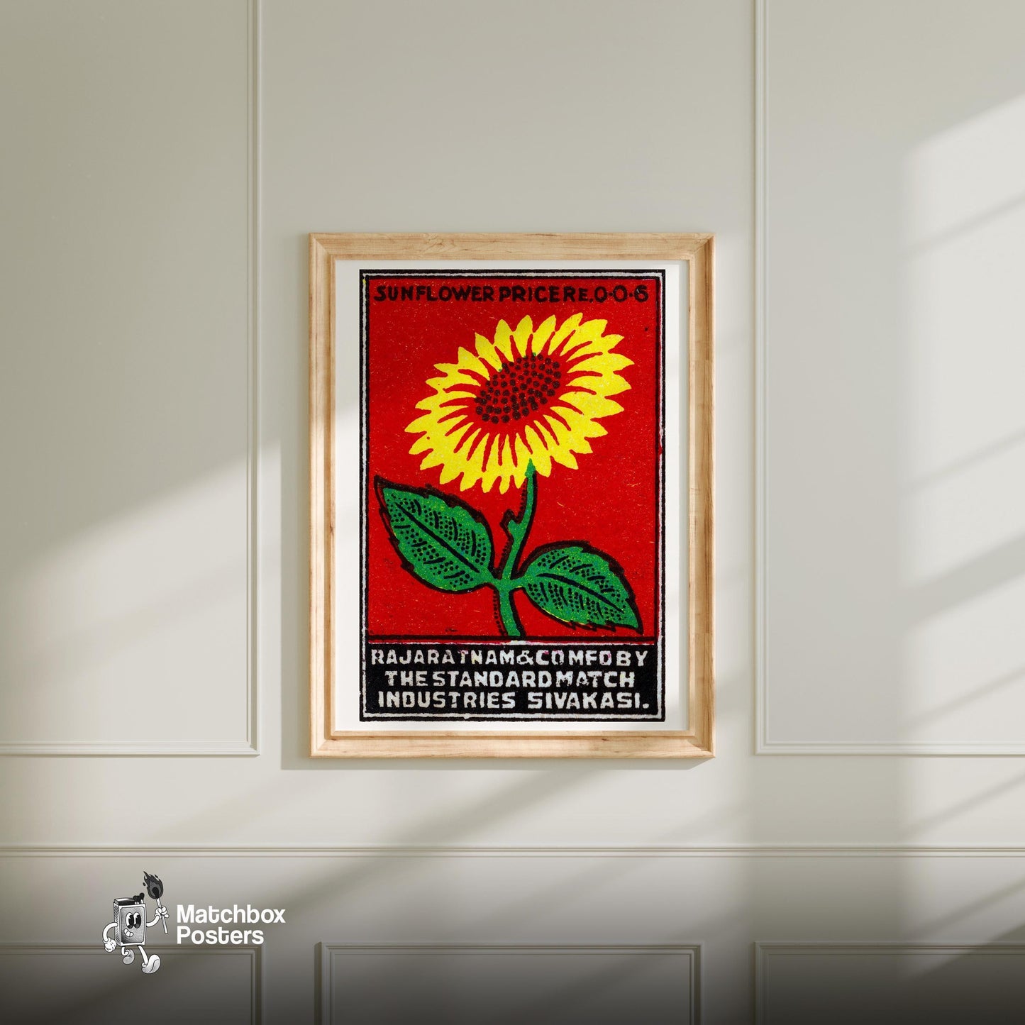 Yellow Sunflower - vintage matchbox label print - bedroom mockup
