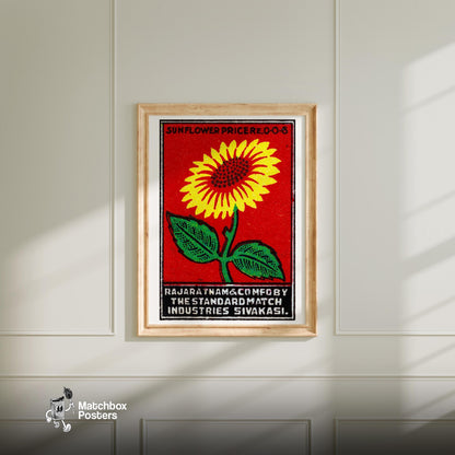 Yellow Sunflower - vintage matchbox label print - bedroom mockup