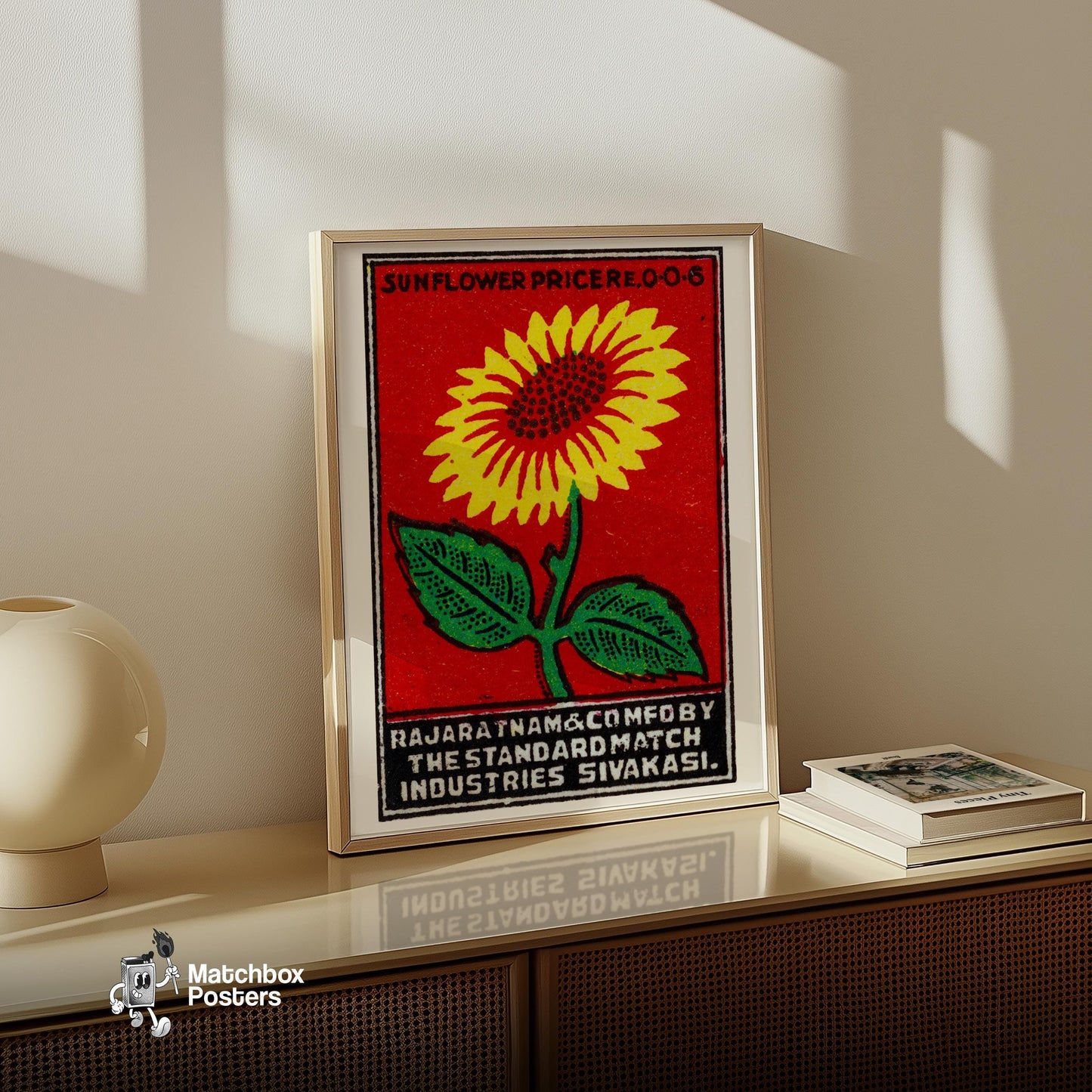 Yellow Sunflower - vintage matchbox label print - size comparison