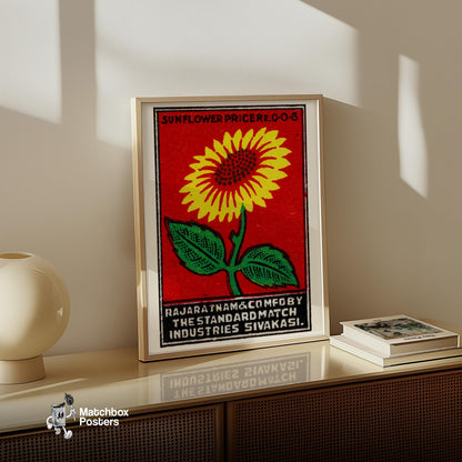 Yellow Sunflower - vintage matchbox label print - size comparison
