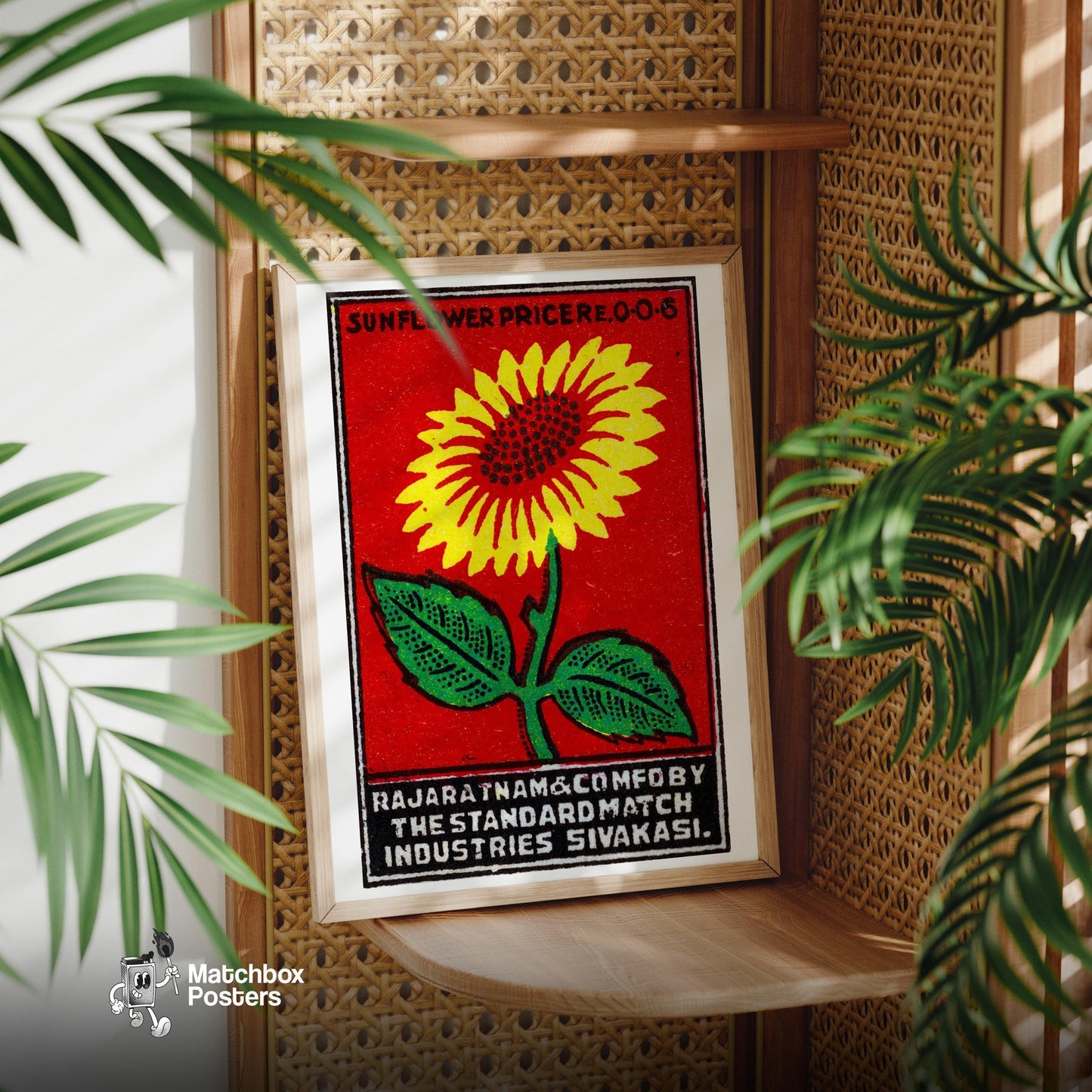 Yellow Sunflower - vintage matchbox label print - office wall