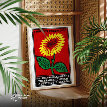 Yellow Sunflower - vintage matchbox label print - office wall