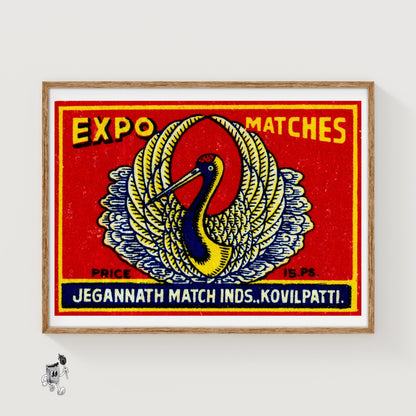White Crane - vintage matchbox label print