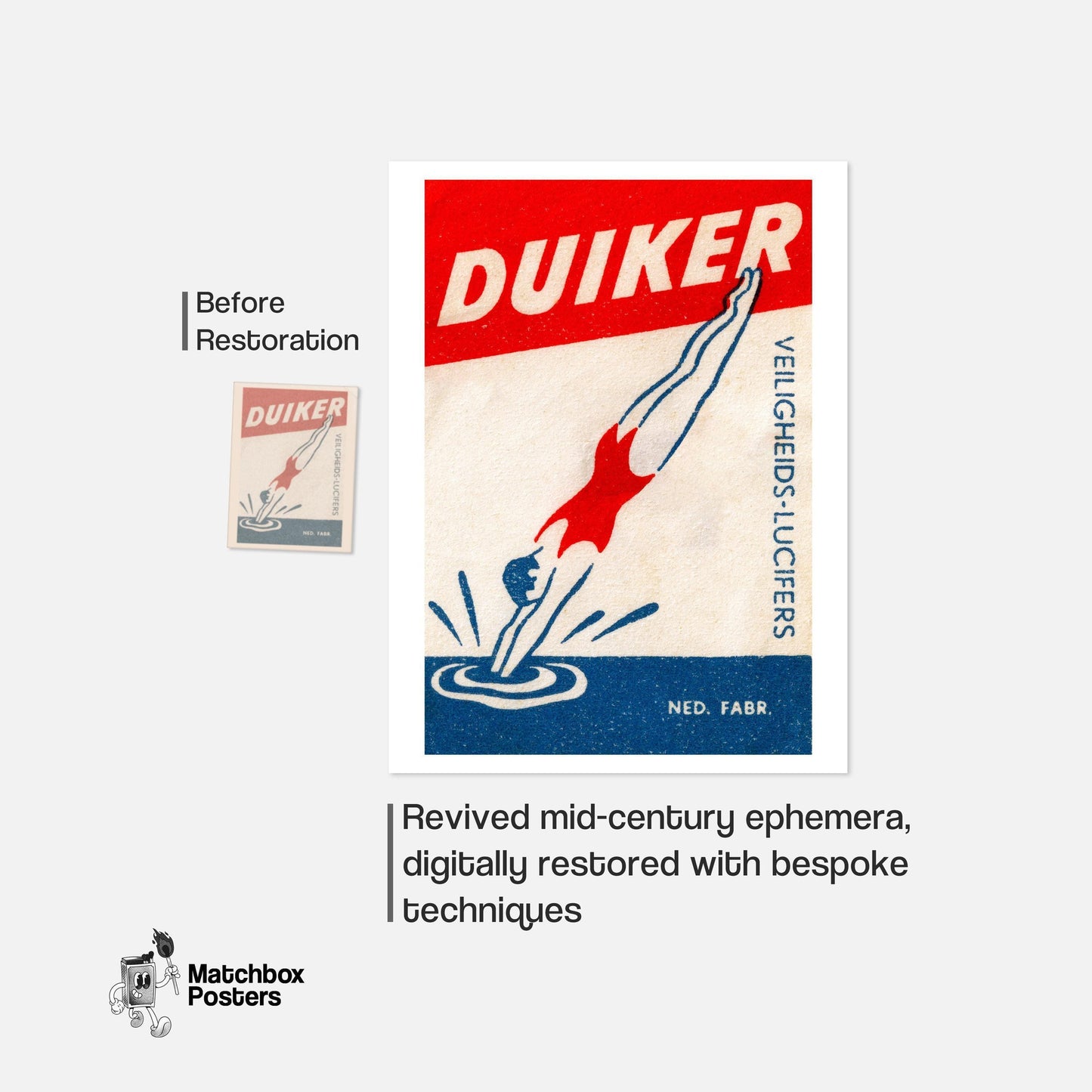 Diver - vintage matchbox label print - framed wall art preview