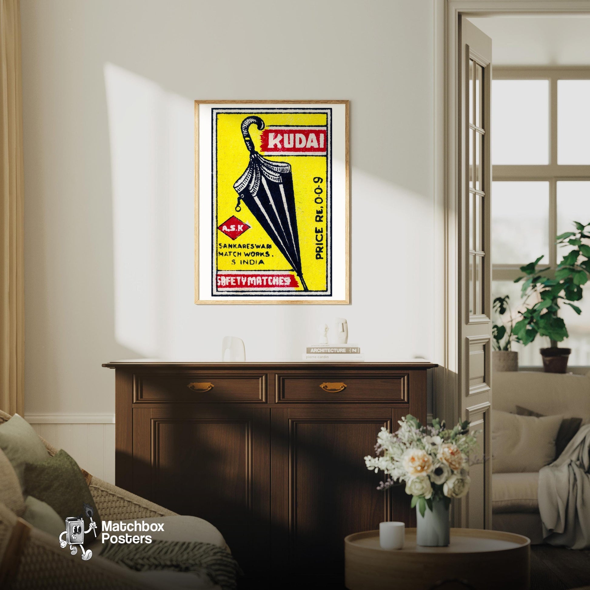 Black Umbrella - vintage matchbox label print - living room mockup