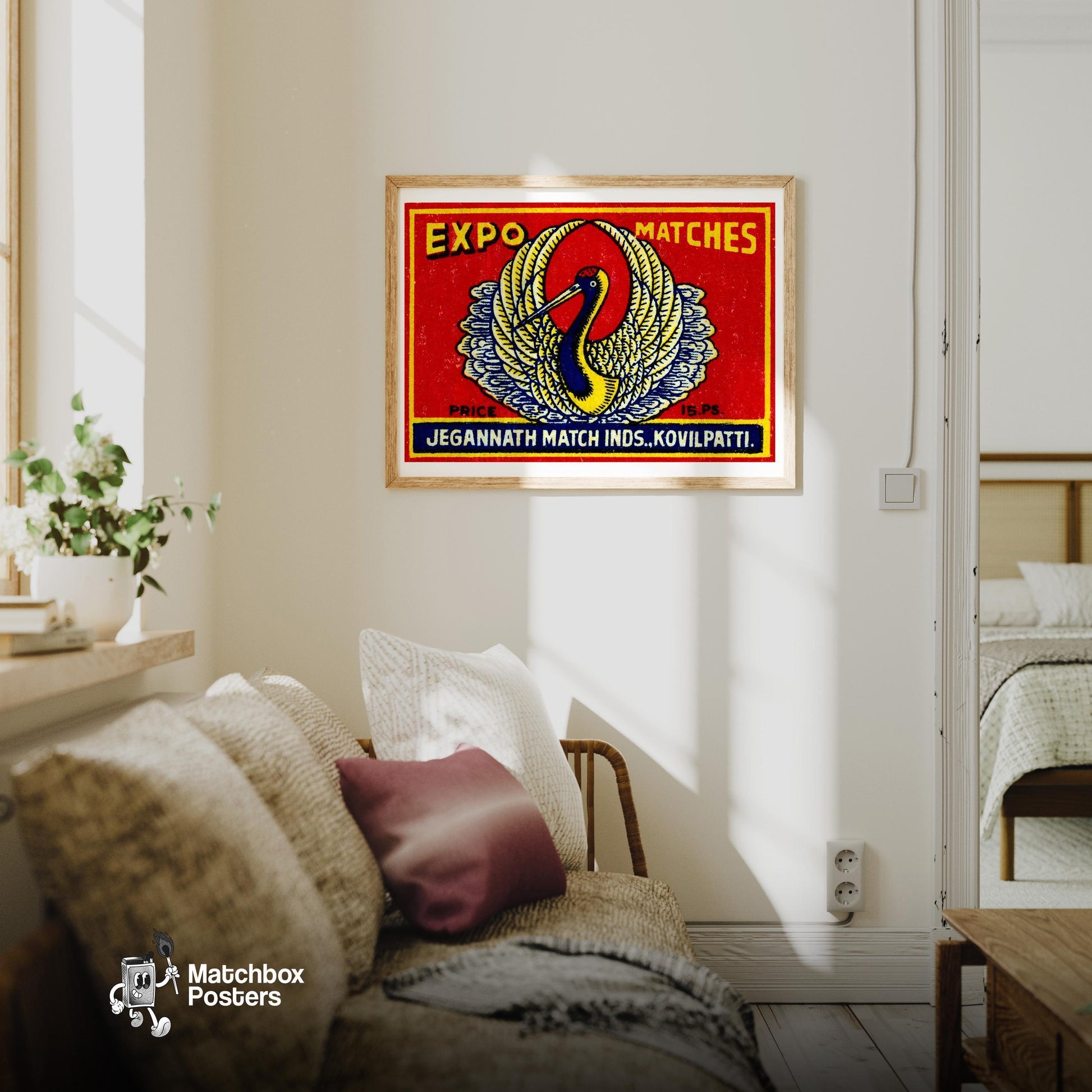 White Crane - vintage matchbox label print - living room mockup