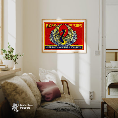White Crane - vintage matchbox label print - living room mockup