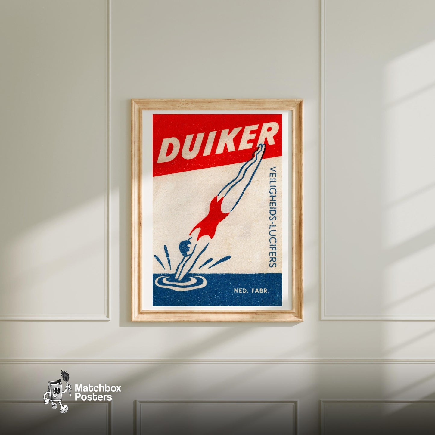 Diver - vintage matchbox label print - bedroom mockup