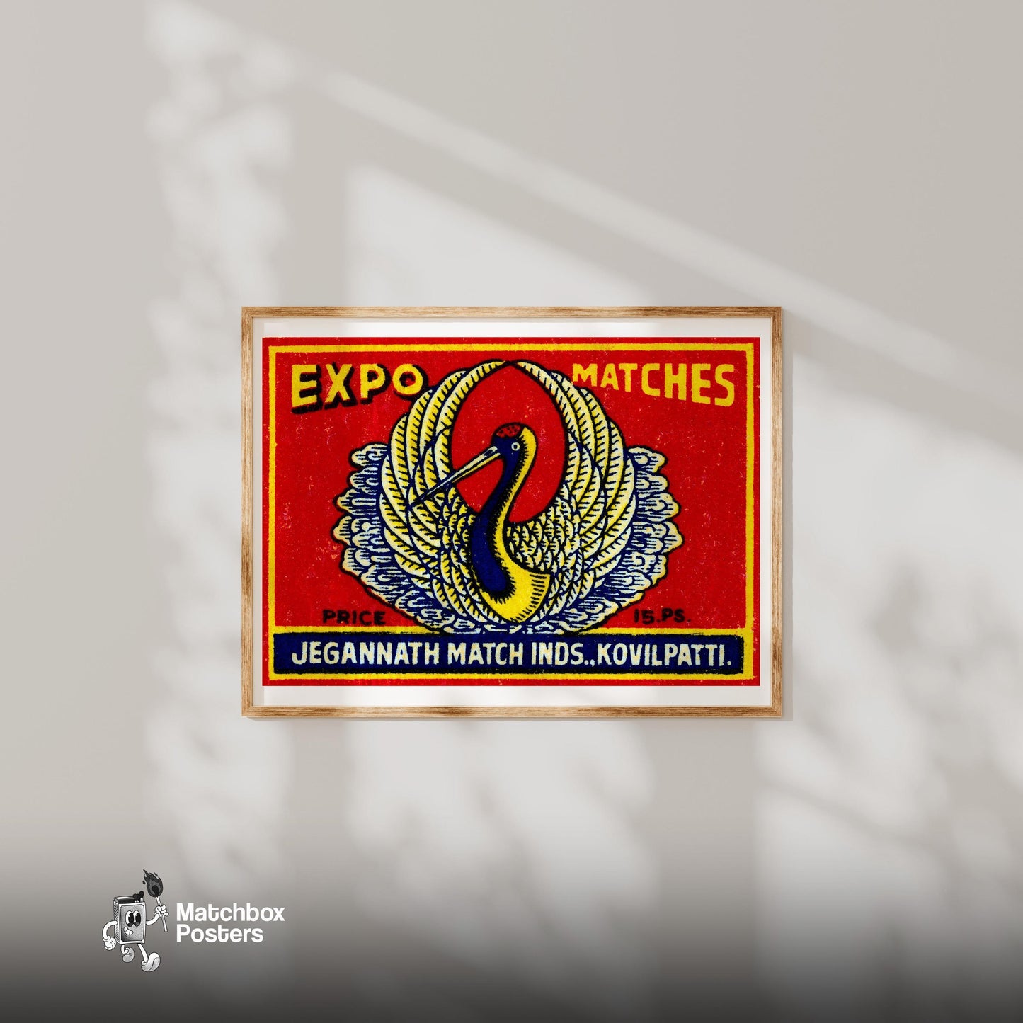 White Crane - vintage matchbox label print - bedroom mockup
