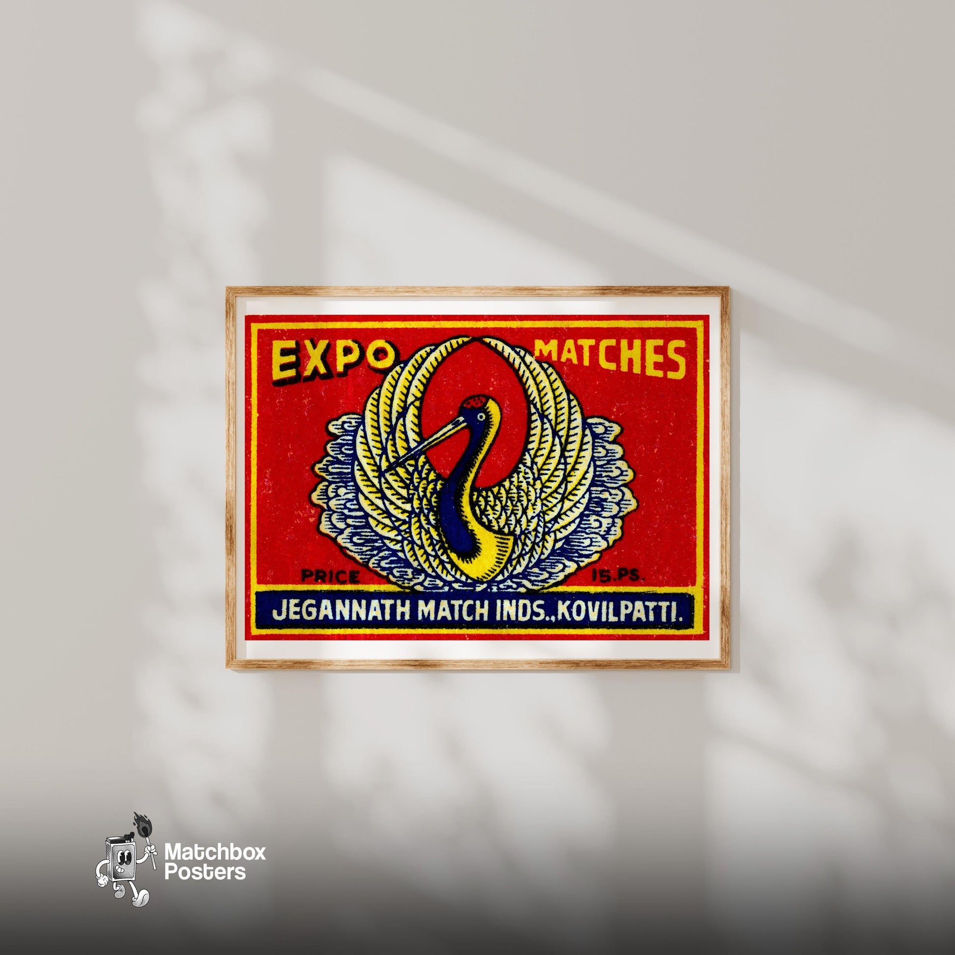 White Crane - vintage matchbox label print - bedroom mockup