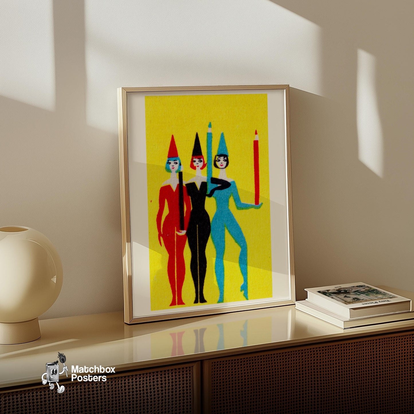 Three Women with Pencils - vintage matchbox label print - size comparison