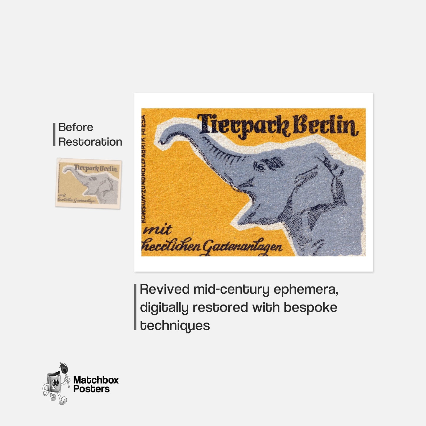 Orange Elephant - vintage matchbox label print - framed wall art preview