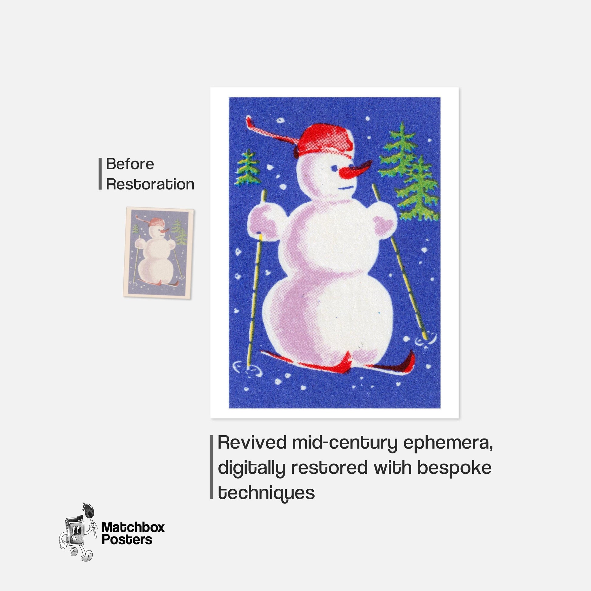 Snowman Skiing - vintage matchbox label print - framed wall art preview