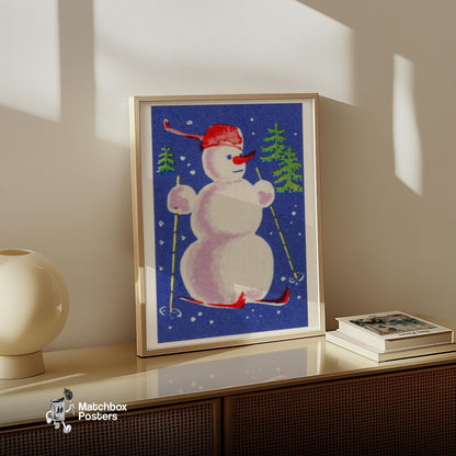 Snowman Skiing - vintage matchbox label print - size comparison