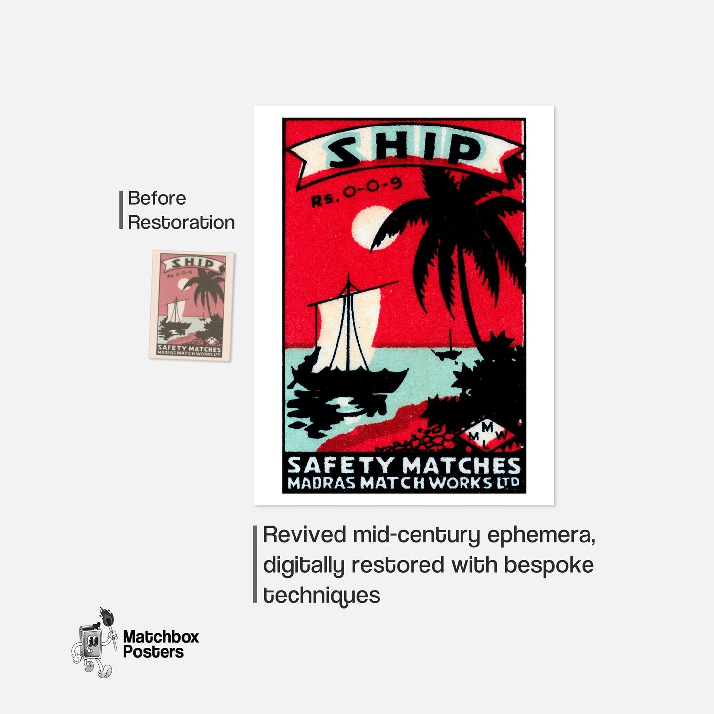 Sailboat Sunset - vintage matchbox label print - framed wall art preview