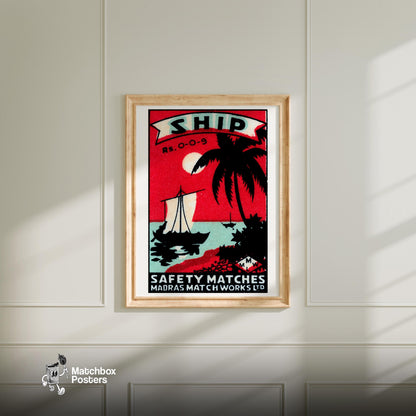 Sailboat Sunset - vintage matchbox label print - bedroom mockup