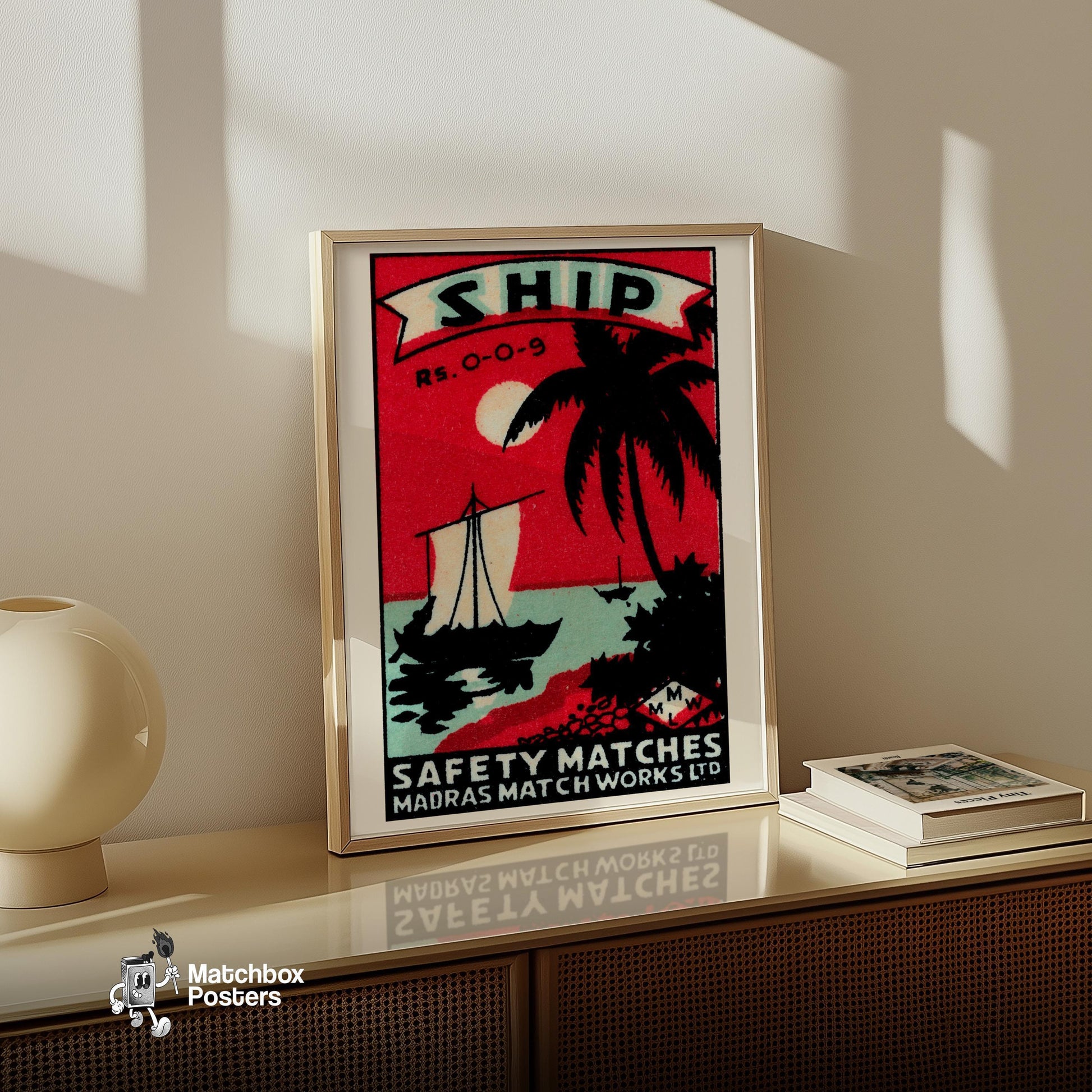 Sailboat Sunset - vintage matchbox label print - size comparison