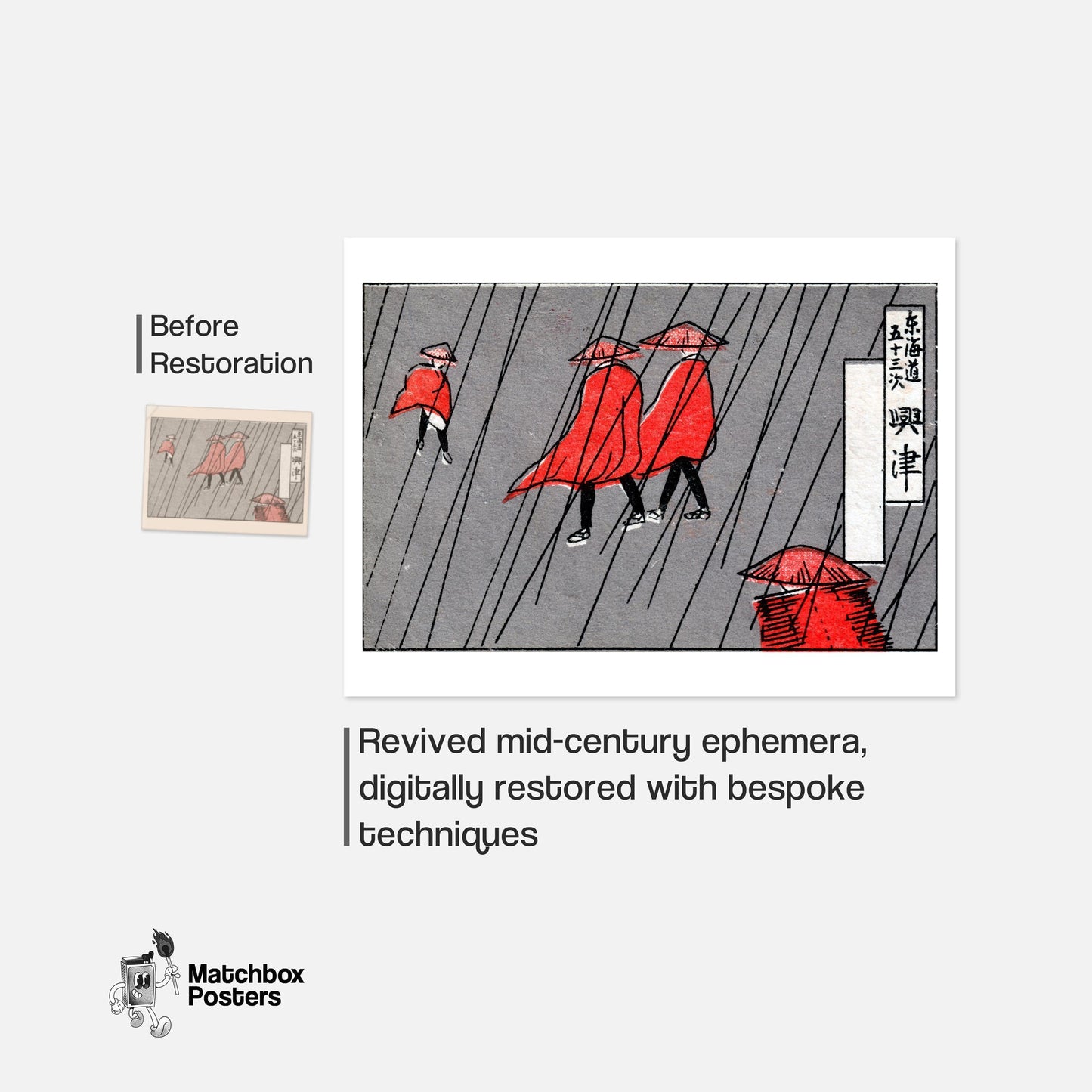 Red Raincoats - vintage matchbox label print - framed wall art preview