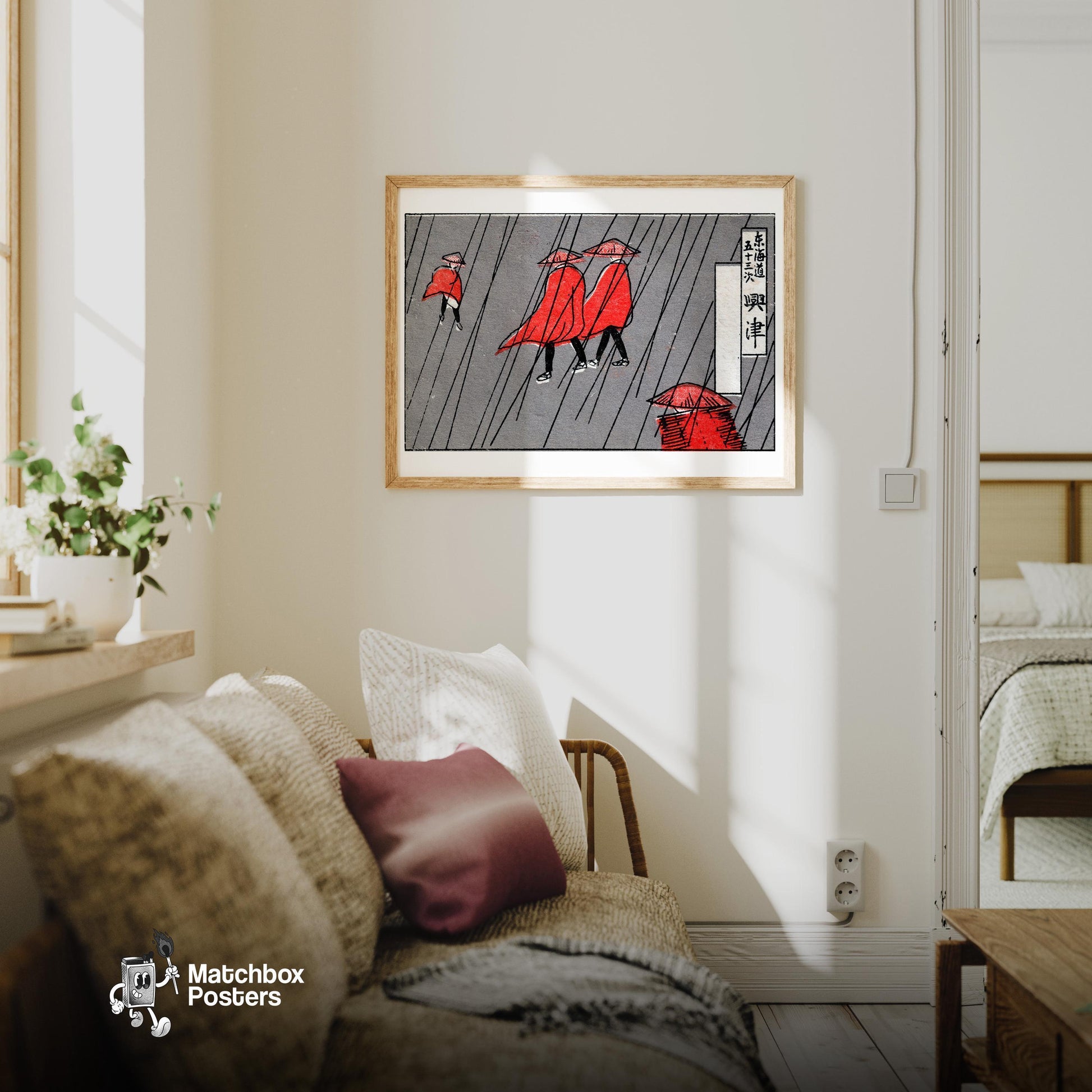 Red Raincoats - vintage matchbox label print - living room mockup