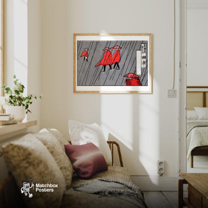 Red Raincoats - vintage matchbox label print - living room mockup
