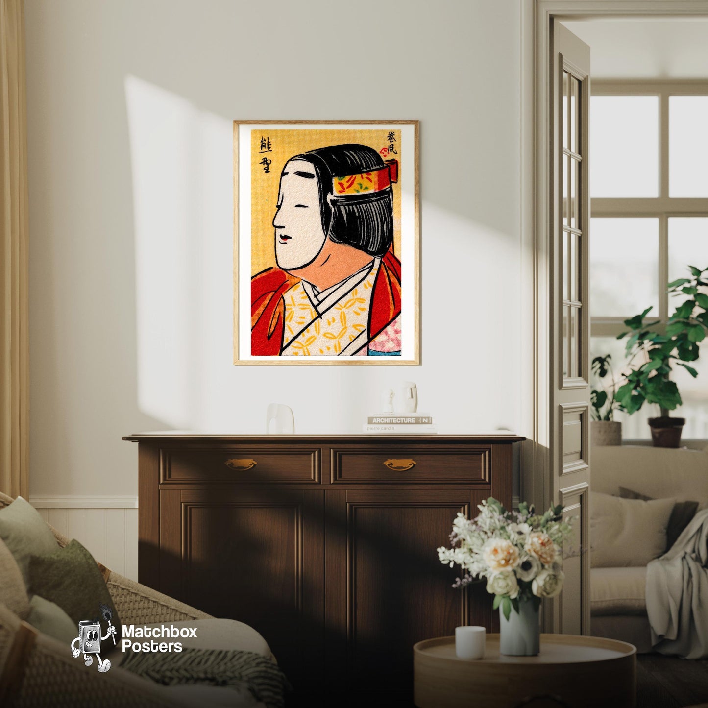 Japanese Noh Mask - vintage matchbox label print - living room mockup