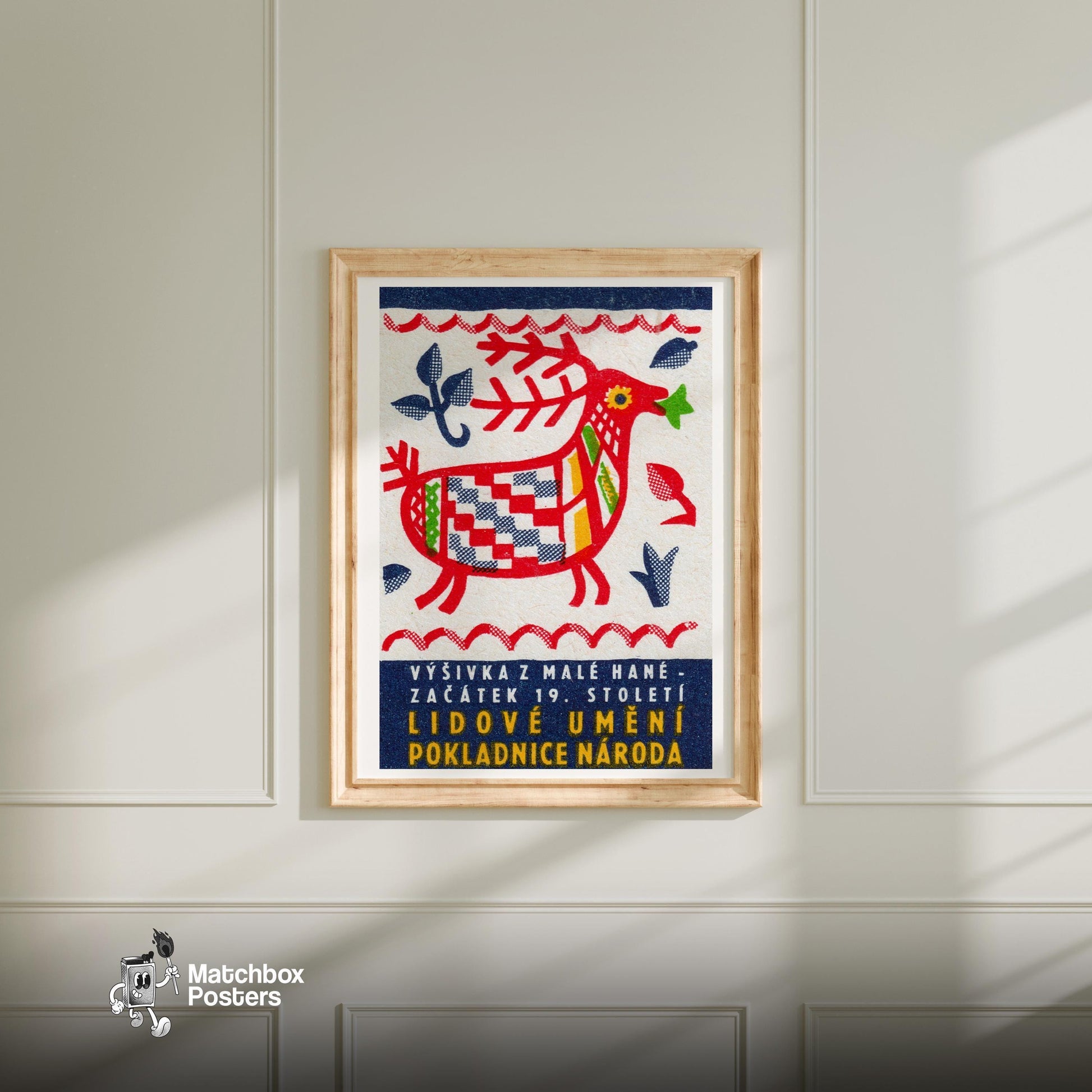 Folk Deer - vintage matchbox label print - bedroom mockup