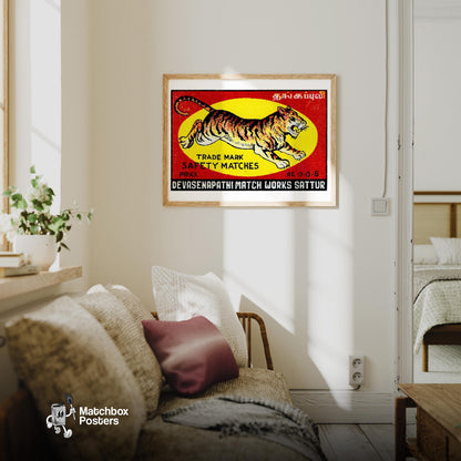 Leaping Tiger - vintage matchbox label print - living room mockup