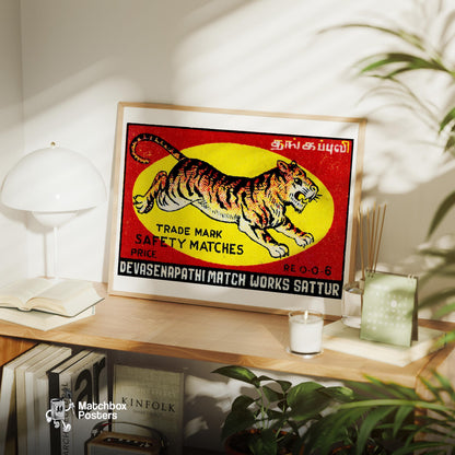 Leaping Tiger - vintage matchbox label print - office wall