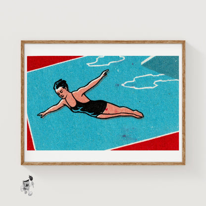 Pool Diver - vintage matchbox label print