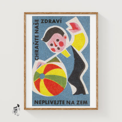 Boy with Beach Ball - vintage matchbox label print