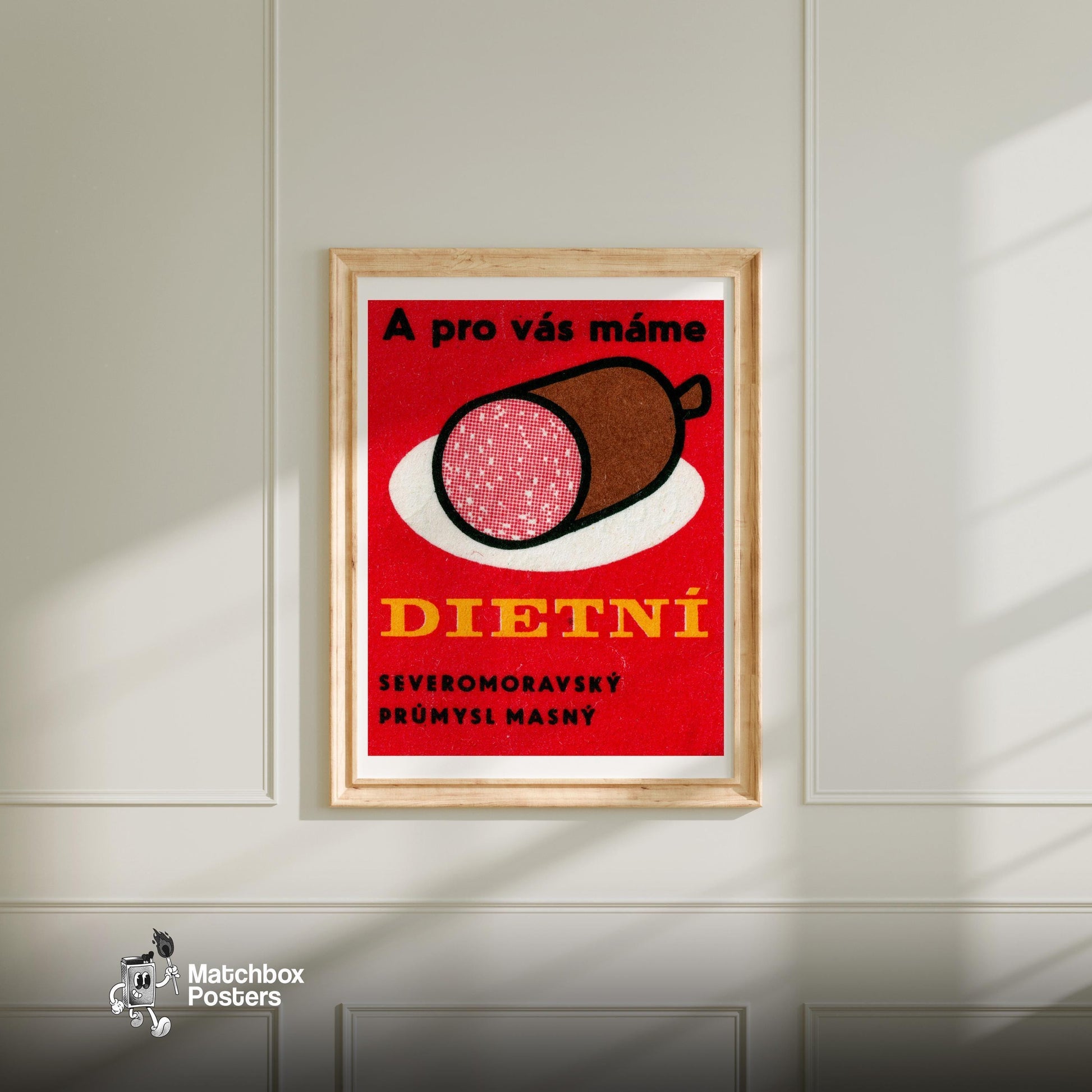 Big Sausage - vintage matchbox label print - bedroom mockup