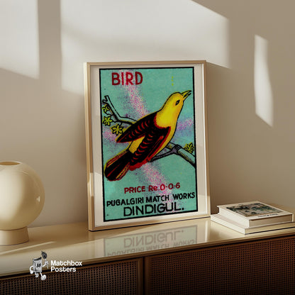 Yellow Bird - vintage matchbox label print - size comparison