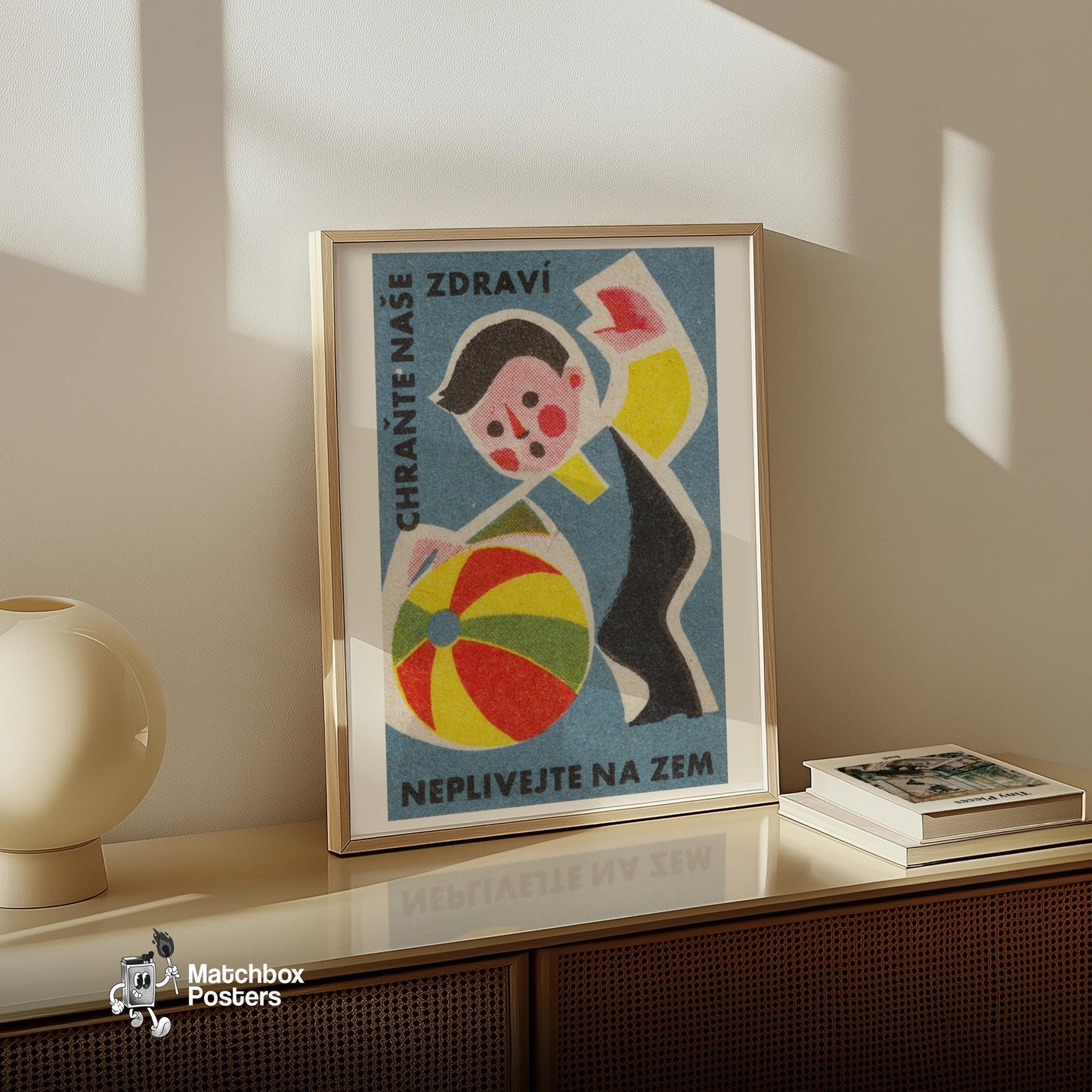 Boy with Beach Ball - vintage matchbox label print - size comparison