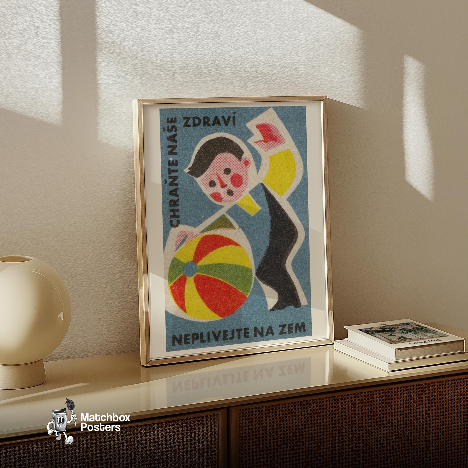 Boy with Beach Ball - vintage matchbox label print - size comparison