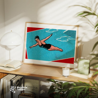 Pool Diver - vintage matchbox label print - office wall